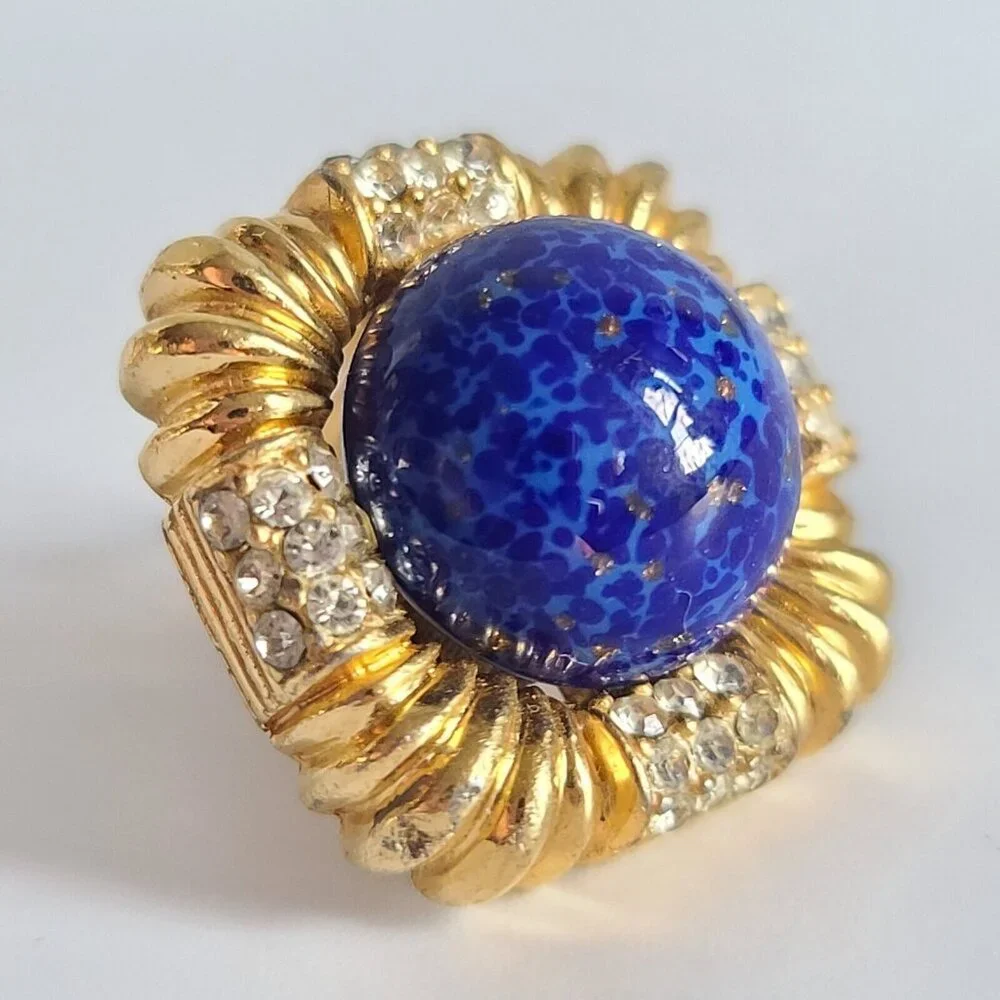 Ciner Glass Blue Lapis Lazuli Cabochon Gold Tone Clip Earrings Retro Large Huge - Picture 6 of 8